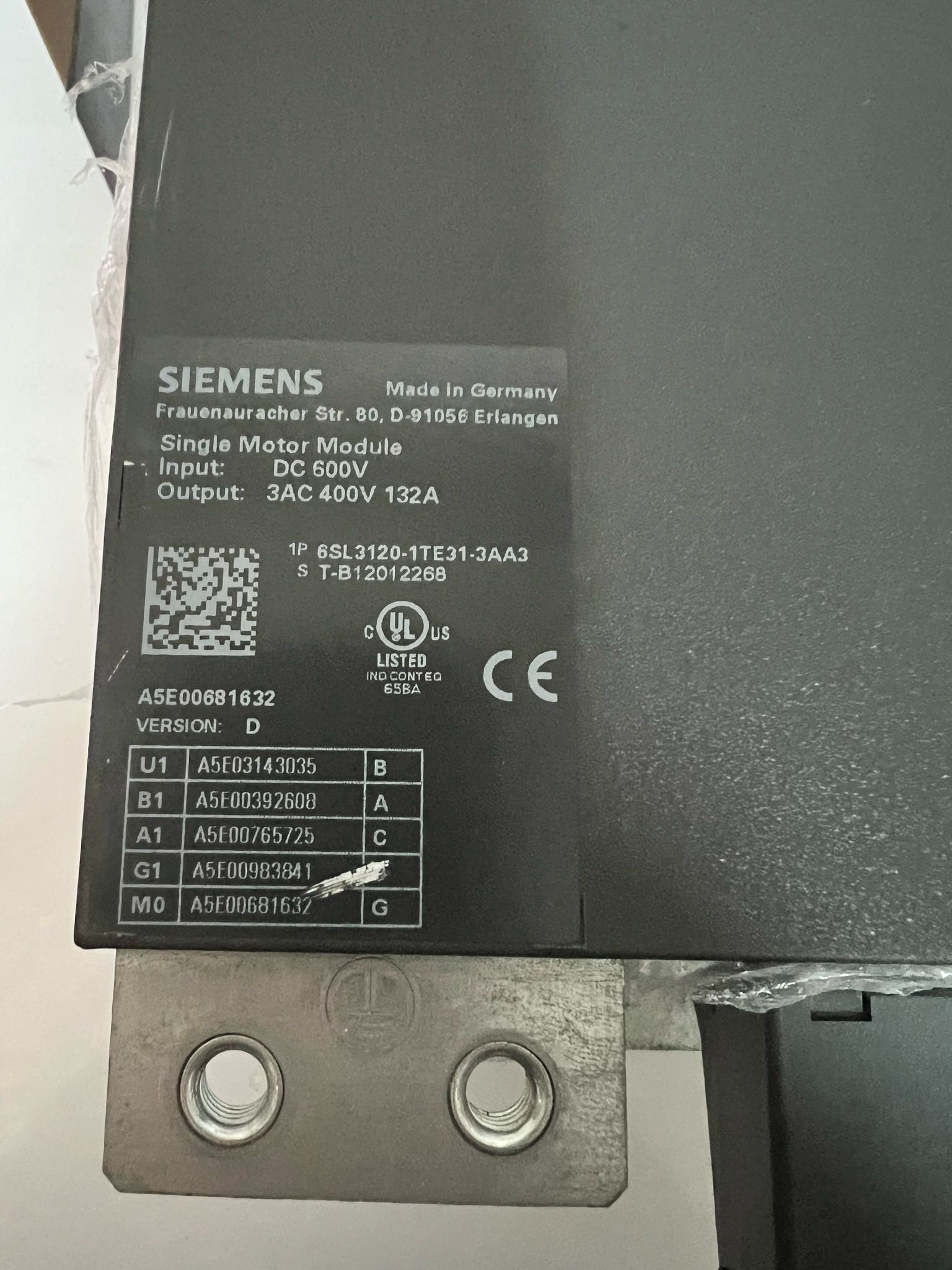 Siemens SINAMICS S120 Single Motor Module 132A thumbnail